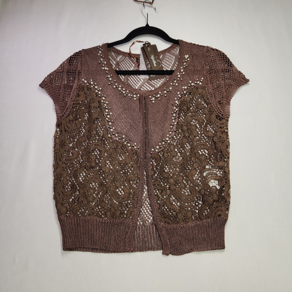 ⭐️NWT High Secret Brown Lace Crochet Shrug Cardigan Pearl Detail Cottagecore Y2K